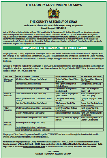 CALL FOR MEMORANDUM ON SIAYA BUDGET ESTIMATES 2025 2026 Siaya County Today 